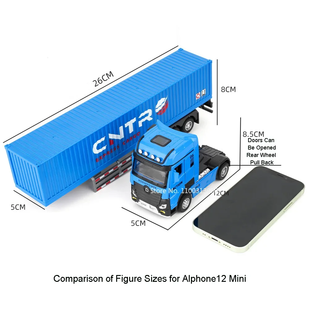 Alloy Trailer Container Truck Modelos para Meninos, Carros Brinquedos, puxar Para Trás Veículos, Luz Som, Presentes De Natal, Roda, 1:50