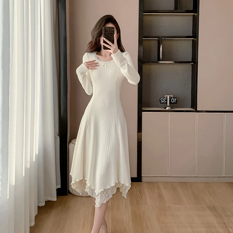 여성용 니트 봄 가을 신상 슬림핏 이너웨어 베이스 롱 스커트