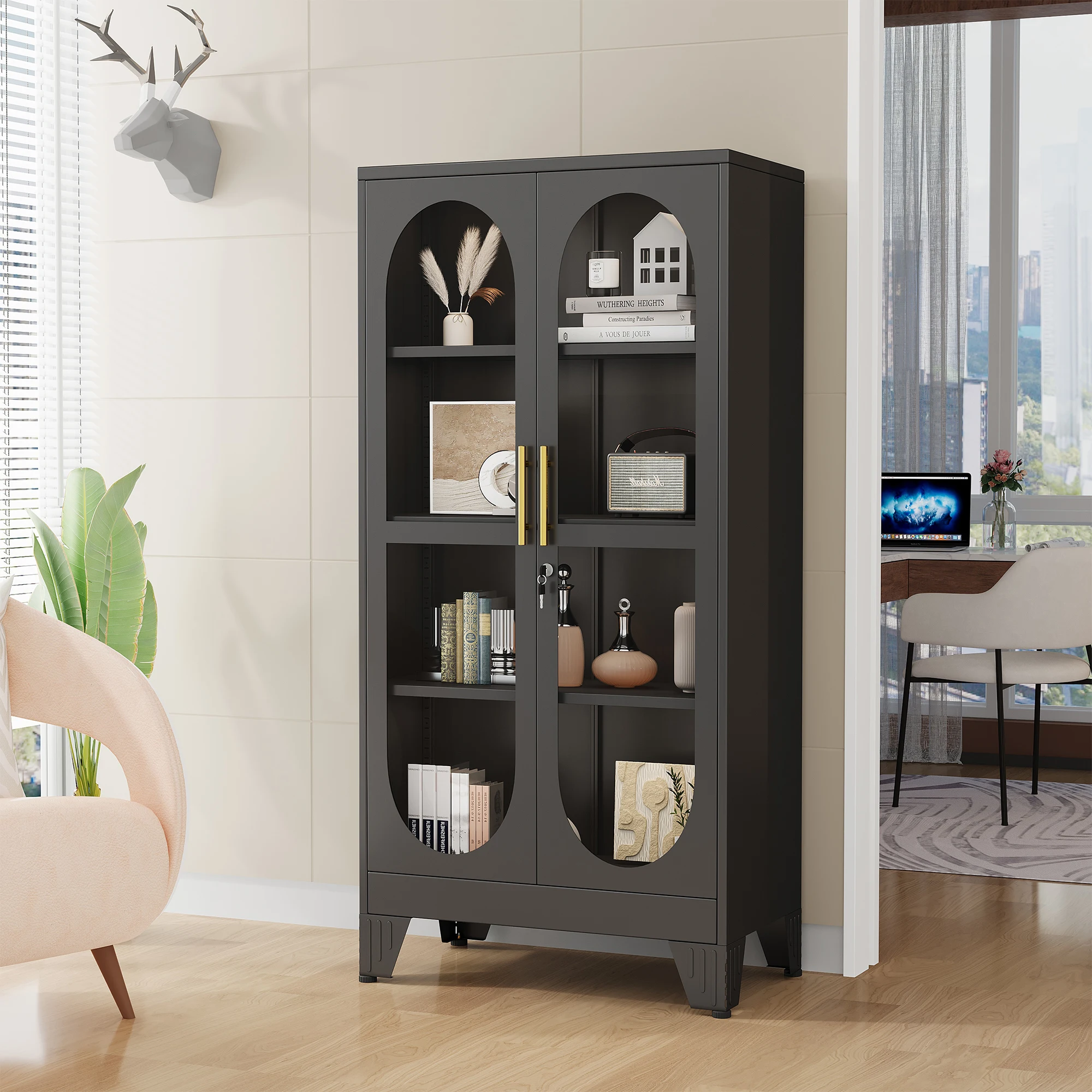 61 inch high metal glass door display cabinet with 4 adjustable shelves, display cabinet storage cabinet