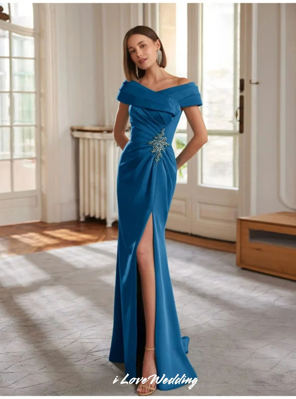 Elegant Off the Shoulder Evening Dress 2025 Satin V-neck Wrinkles Mermaid Sweep Train Side Split Wedding Party Dress Customized