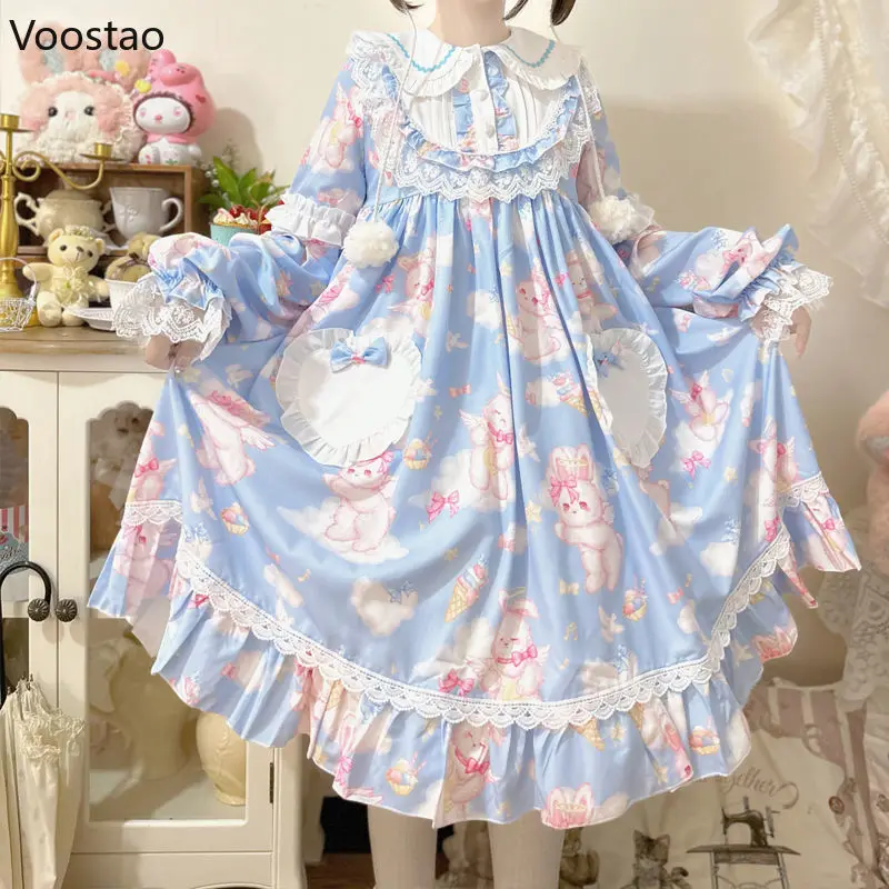 Japanse Sweet Lolita Op Dress Women Kawaii Strik Bunny Print Kanten Feestjurken Meisjes Schattige Peter Pan Kraag Jurk Met Lange Mouwen