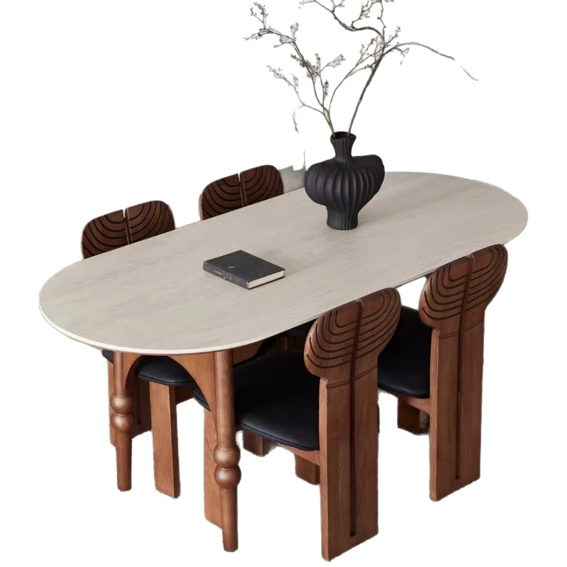 

Travertine rock slab dining table small apartment home restaurant retro style solid wood