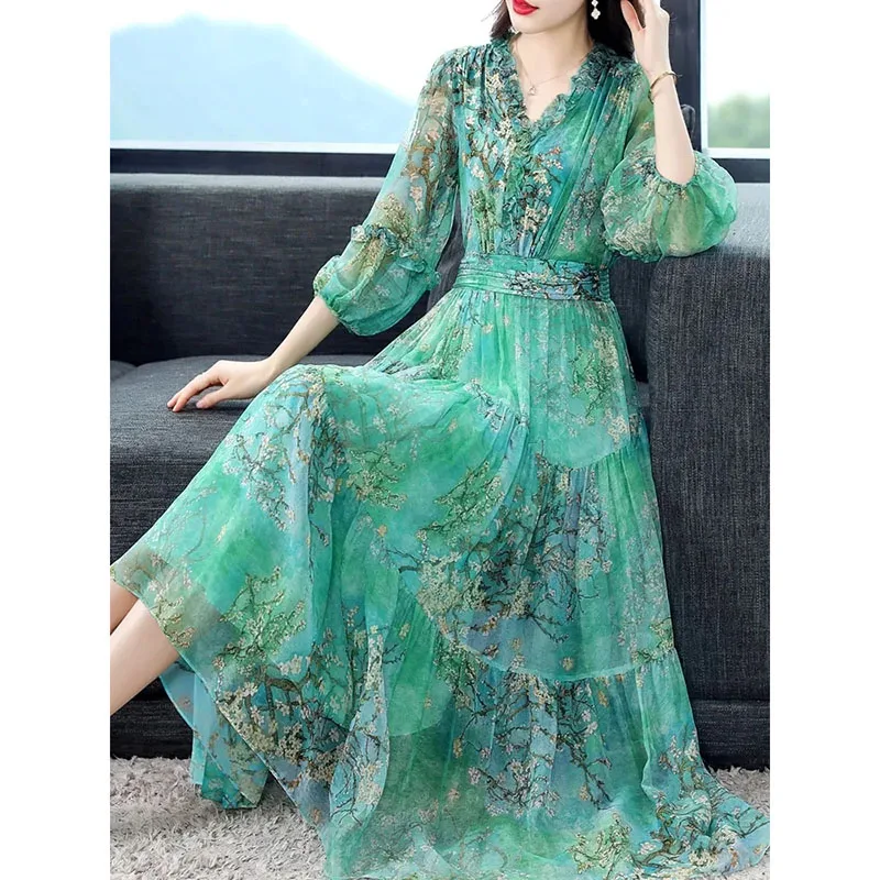 Silk V-neck High-end Skirt Mid Long Spring Summer Women 2024 New Printing Temperament Mulberry Silk A-line Dress Female Vestidos