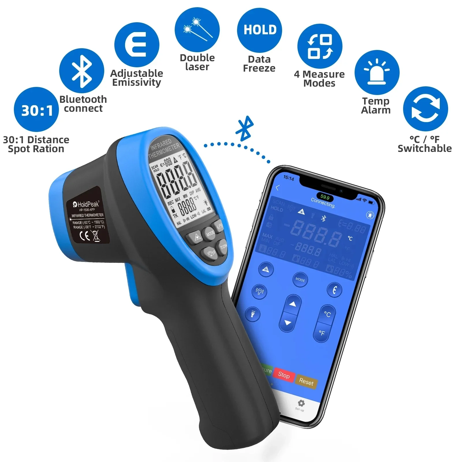 

HoldPeak HP-1500-APP Digital Infrared Thermometer -50~1500 DS 30:1,Non Contact Temperature Meter with Bluetooth APP Data Hold