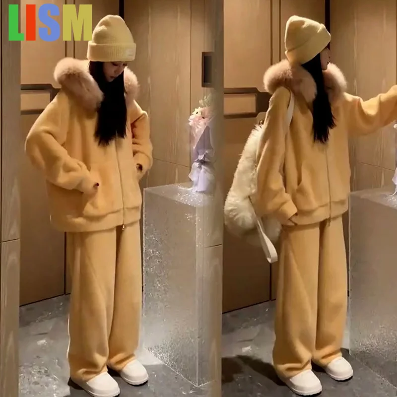 

LISM two piece outfits woman new in matching sets winter casual hoodie jacket wide leg casual two-piece set pant sets