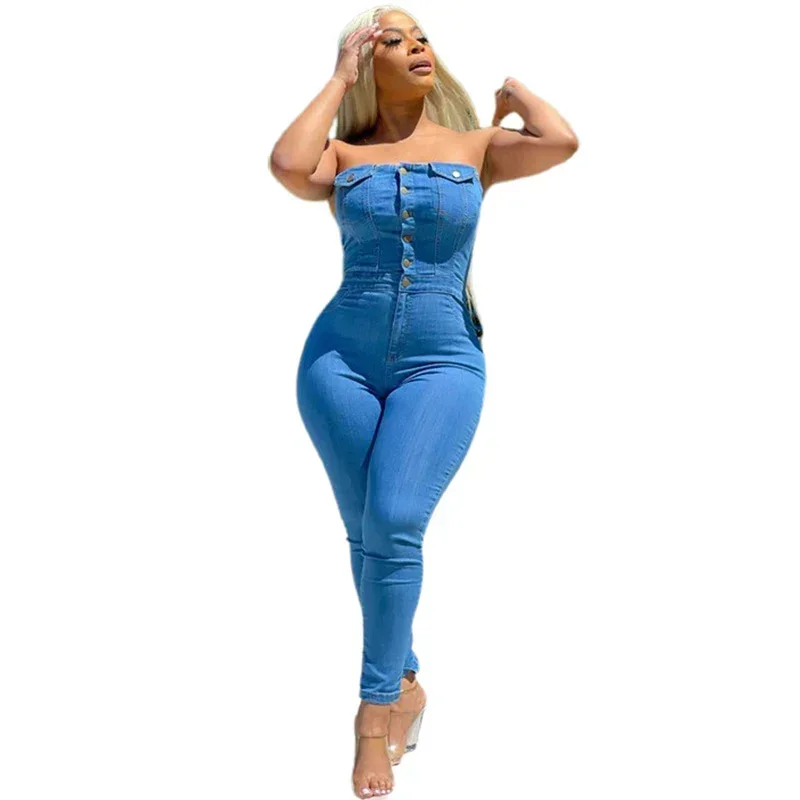 

Sexy Off The Shoulder Backless Denim Jumpsuit Women Fashion Casual Button Half-open Rompers Female Skinny Hip Lift Pencil Jeans
