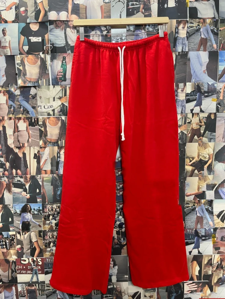Red Drawstring Elastic Waist Oversized Retro Trouser Woman Casual Wide Leg Pant Loose Y2K Harajuku Sweatpants Cototn Blend