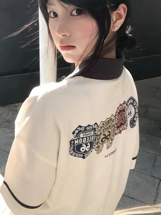 تي شيرت بولو بأكمام قصيرة مطبوع عليه شارة نصف سحاب على الطراز الأمريكي للفتيات والأطفال الكبار في الصيف لطلاب المدارس المتوسطة