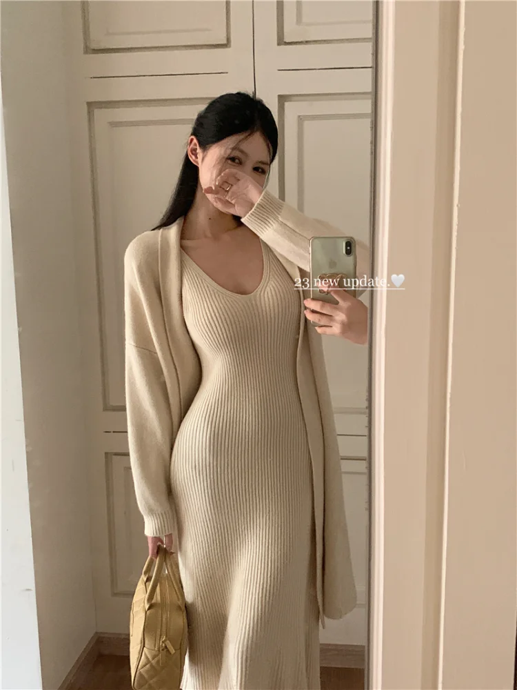 Fall/Winter Fashion Lazy Wind Vintage Two Piece Knitted Dress Sets Temperament Sweater Cardigan Jacket + Halter Dress Outfits