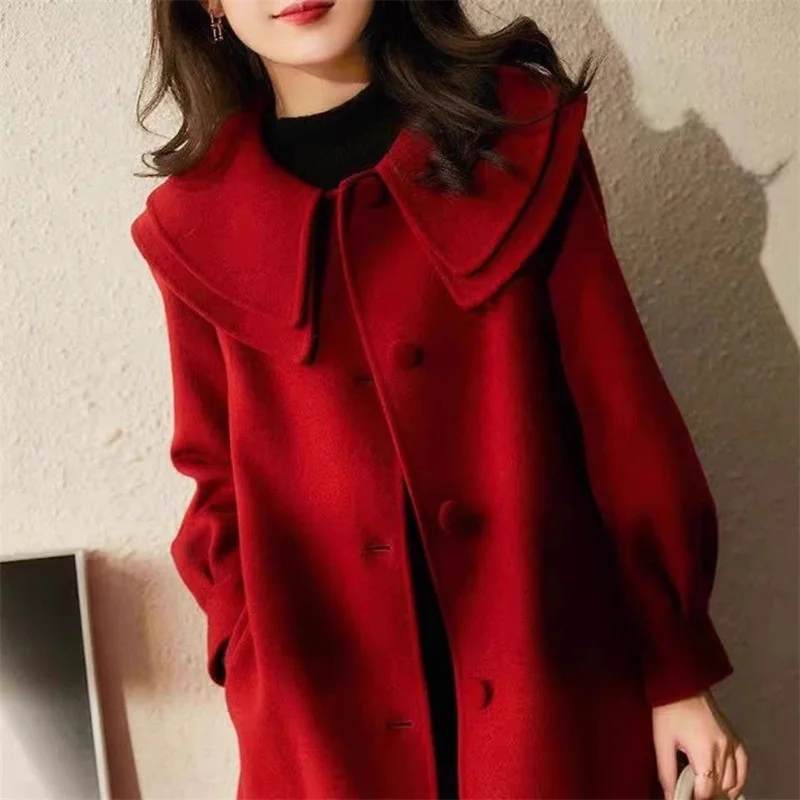 Women's Wool Coat 2023 Autumn Winter Korean doll Double layered collar Mid length Single breasted Femme Woolen Outerwear