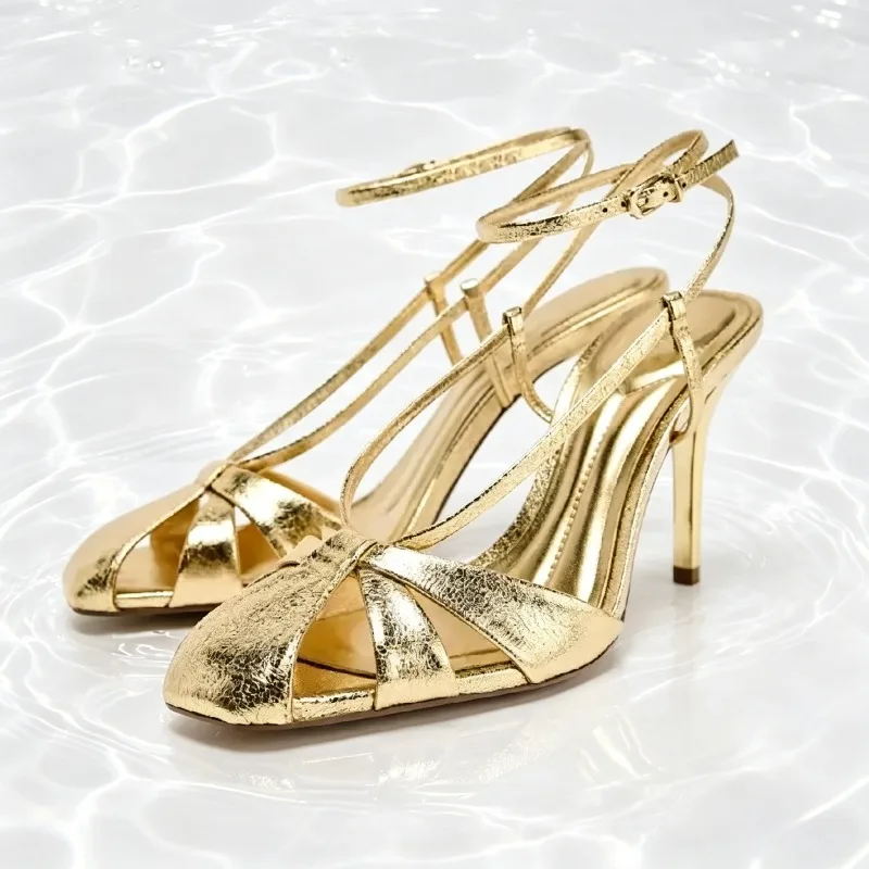 Fashion Gold Thin Heeled Sandals Women Sexy Ankle Strap Buckle Gladiator Sandal Luxury Banquet Brand Designer Shoe Zapatos Mujer