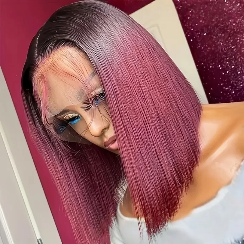 

Парик фронта шнурка 13x4, человеческие волосы, 12 дюймов, прямой короткий парик, бордовый парик с эффектом омбре, предварительно выщипанный для женщин