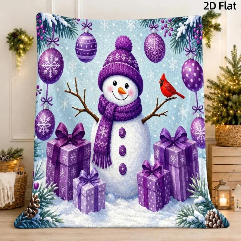 Snowman Purple Ornament Cardinal Bird Christmas Print Throw Blanket, Winter Holiday Throw for Indoor Home Decoration