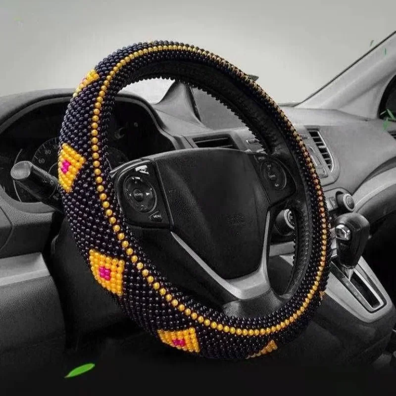 1Pc Car Accessories 38cm Steering Wheel Cover Wooden Bead Cool Summer Anti-skid Handlebar with Leather