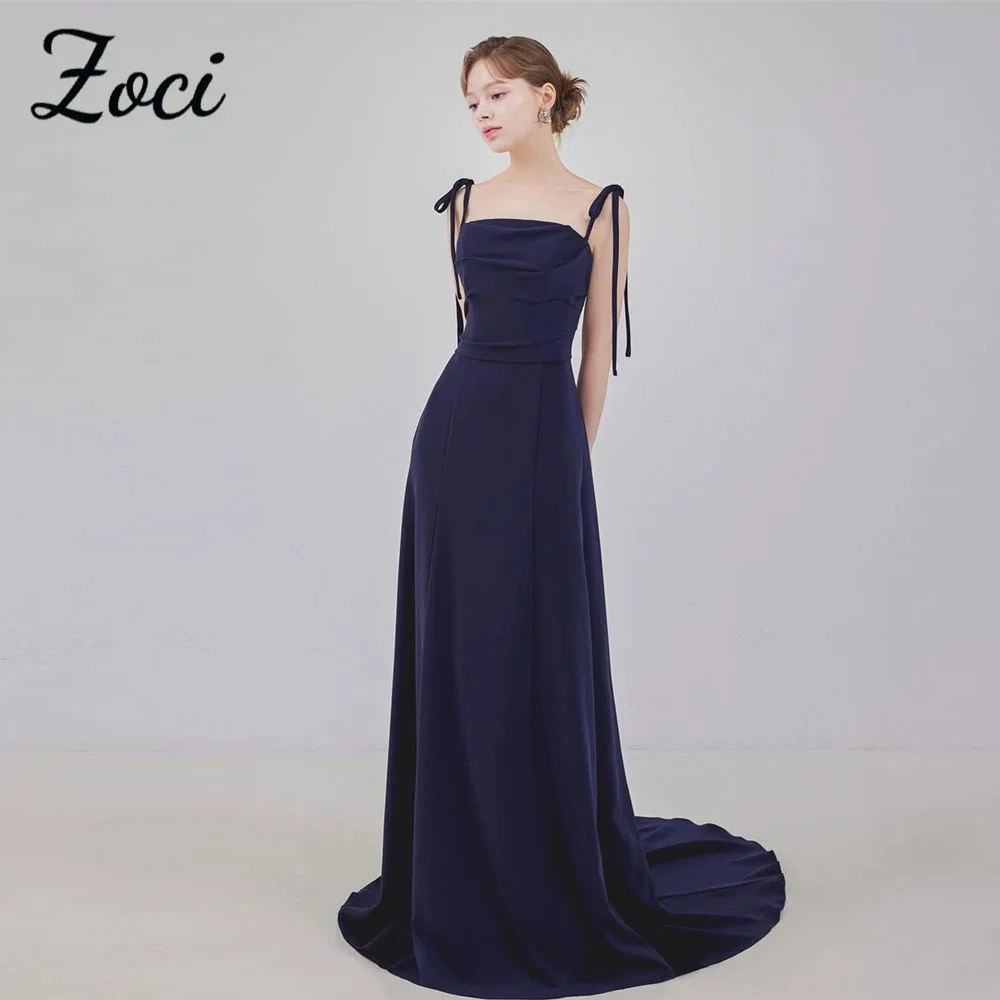 

Zoci Elegant Strapless Blue Wedding Dress Elastic Satin Spaghetti Straps Customized Photos Shoot Dress Backless Floor Bride Gown