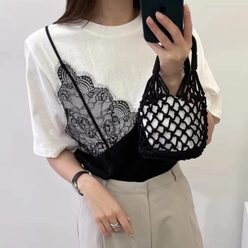 Fake Two Piece Ropa Mujer Contrast Lace Patchwork Tops Loose T Shirt Short Sleeve Camisetas Summer Round Neck Clothes Women