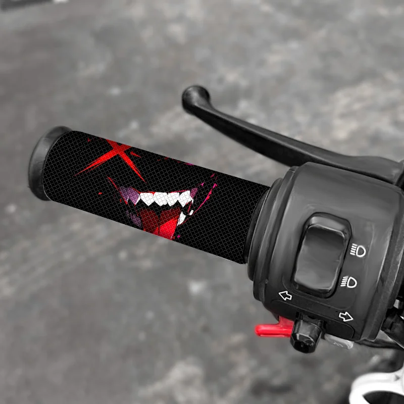 2Pcs Devil Face Handlebar Vinyl Decals, Waterproof Anti‑Slip Stickers for Motorcycle E‑Bike Scooter Bicycle JDM Decor