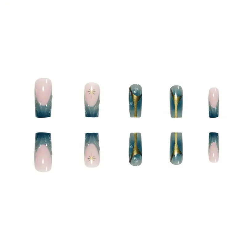 24pcs 3D Water Drops Gradient French False Nails Long Ballet Finished Fake Nails Y2k Press On Nails With Golden Stripe Design