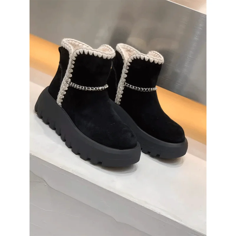2025 New Winter Thick Bottom Anti-Slip Warm Short Snow Boots Women's Fur Leather Integrated Heightening Cotton Boots Soft Sole