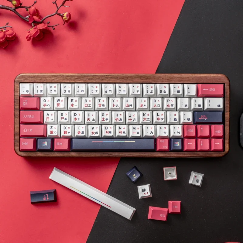 Cangjie Retro Style Keycaps Custom PBT Cherry Profile Keycap Blue and Red Anime Point Key Caps for Gaming Wooting Keyboard