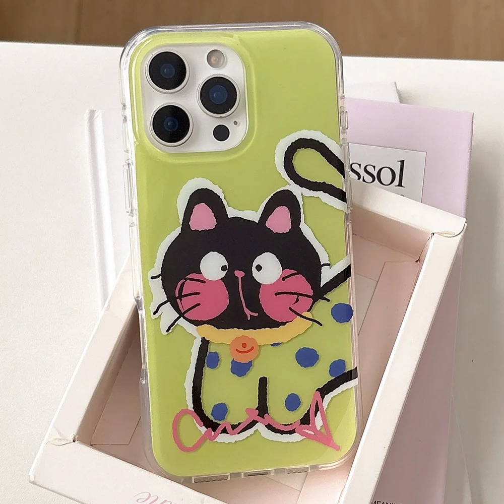 

New INS Cartoon Cute Cat Funny Kitten Print Phone Case For iPhone 17 16 15 14 Pro Max Transparent Border Protective Cover