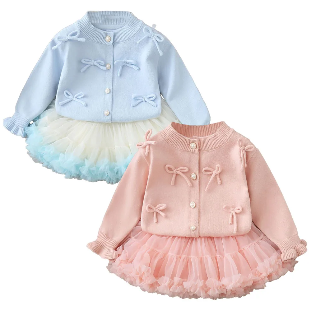 Cute Girl Clothes Set Baby Girls Suits Sweater Cardigan Tutu Tulle Skirt Mesh Ball Gown Toddler Clothing Kid Children Outfit