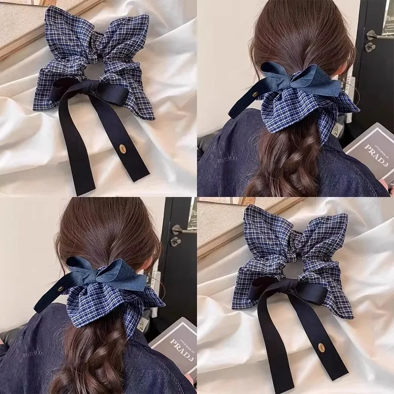 Korean Vintage Square Plaid Bow Ribbon Scrunchie For Women Girls Sweet Hair Ornament Hair Band Hair Tie Fashion Hair Accessories