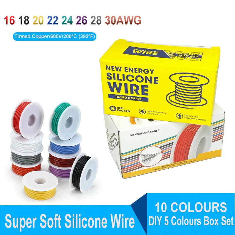 

(5 Color Box) Super Soft Flexible Silicone Wire 30awg 28awg 26awg 24 22 20 18 16AWG Stranded Cable Electrical Tinned Copper Wire