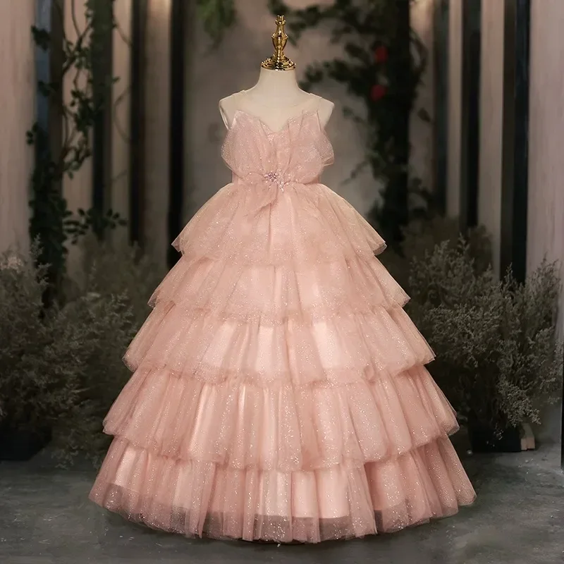 

2025 Girl Party Dresses Sleeveless Noble Cake Dress Holiday Children Clothing Formal Occasions Performance Costume Teen Vestidos