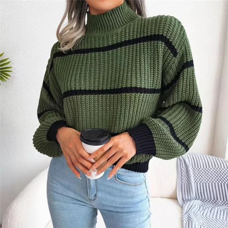 2023 Autumn and Winter Women\'s Fashion Commuter Casual Stripe Lantern Sleeve Half High Neck Knit Pullover Long Sleeve Sweater