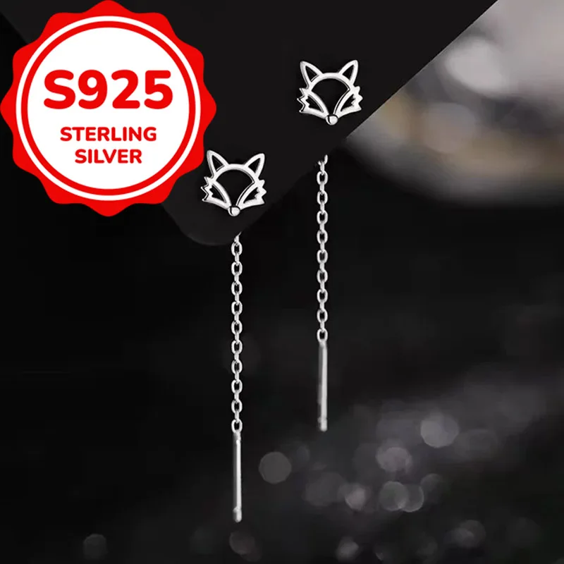 925 sterling silver cute temperament smooth fox fringe earrings, niche and simple animal earrings
