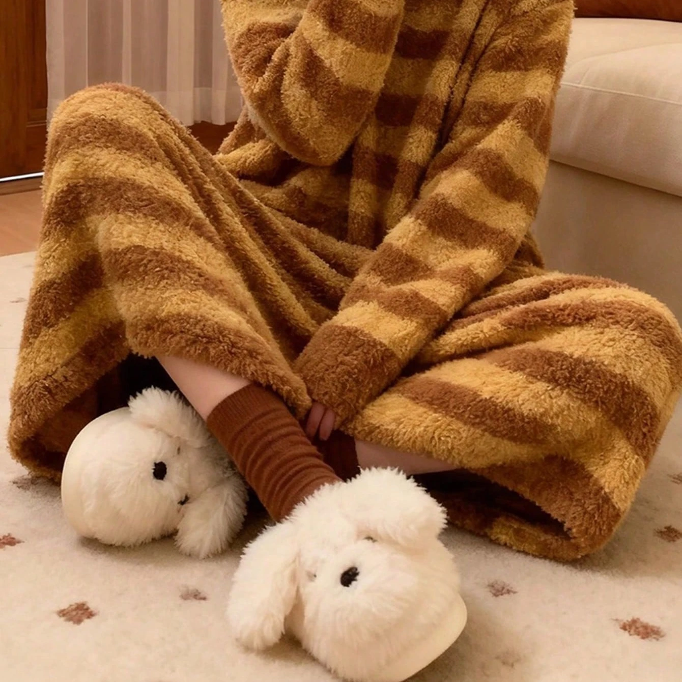 Women House Fur Slippers Casual Cute Lovely Puppy Design White Brown Winter Indoor Non-slip Warm Soft Soles Comfy Home Female view 6