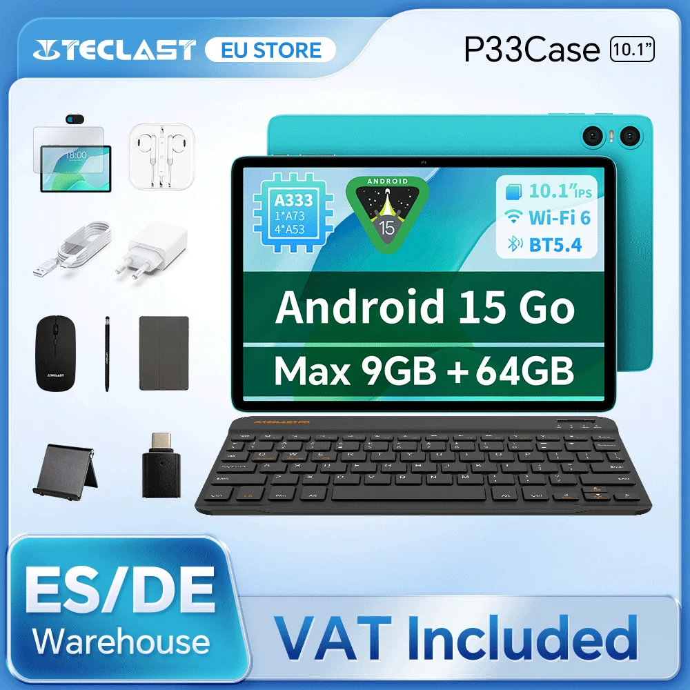 Tablet Teclast P33 z Androidem 15, 10,1 cala, maksymalnie 9 GB RAM, 64 GB ROM, 1280x800 IPS, A333, 5 rdzeni, 6000 mAh, Type-C