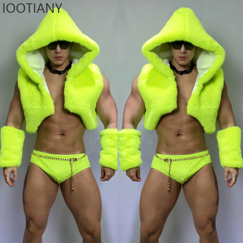 

IOOTIANY Сексуальный флуоресцентный зеленый жилет с меховым капюшоном и трусы для мужчин, для выступлений танцоров, диджеев, для бара, сцены, рейва