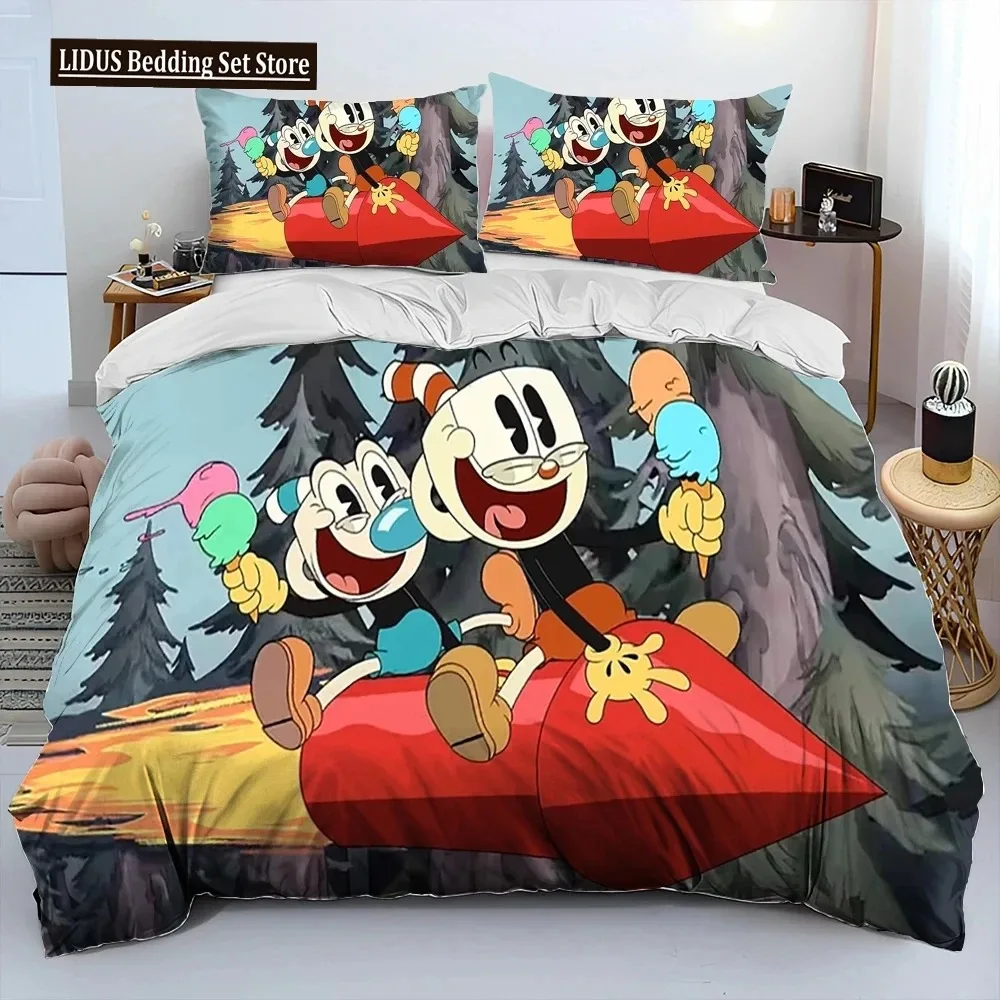 

Cuphead And Mugman,Game Gamer Comforter Bedding Set,Duvet Cover Bed Set Quilt Cover Pillowcase,King Queen Size Bedding Set Boys