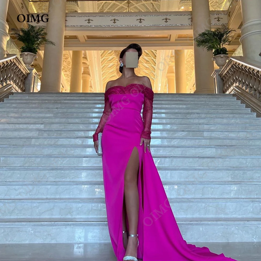 

OIMG Fuschia Satin Mermaid Evening Dresses Long Shiny Sleeves Side Split Dubai Arabic Women Formal Event Prom Gowns Dress 2023