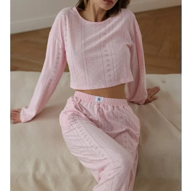 

Spring and Autumn New 2025 Women's Casual Pajamas Set Hollow Fashion Simple Loose Head Long-Sleeved Long Trousers Homewear Set