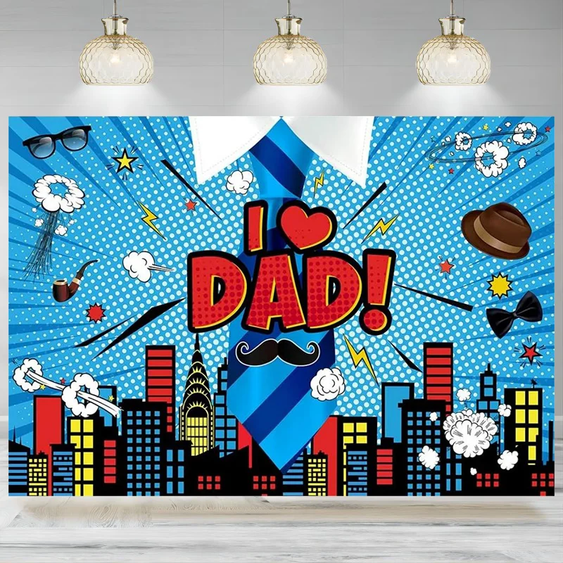 Father's Day Super City Backdrop Blue Super City Buildings Tie Photography Background Best Daddy Party Photo Banner Decor