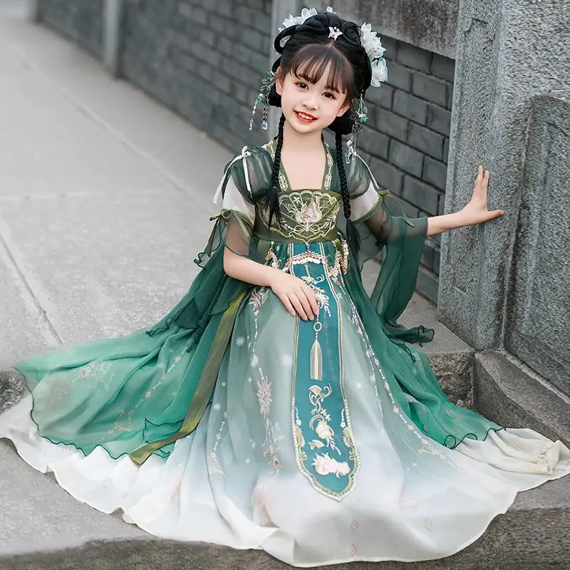 

Винтажное детское платье Ханьфу с китайской цветочной вышивкой, новинка 2025 года, для выступлений, танцевальный костюм, подарок на день рождения для девочек