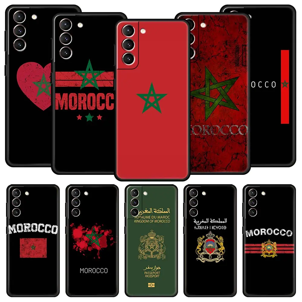 Morocco Flag Passport Phone Case For Samsung Galaxy S23 S22 S21 Ultra S20 FE 5G S10 S9 S24 Plus S10E Cover Black Silicone Shell