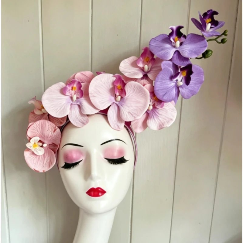 Pink Purple Hot Pink Orchid Fascinator Headband Set, Flower Crown Hair Accessory for Race Day Wedding Party, Women's Headpiece