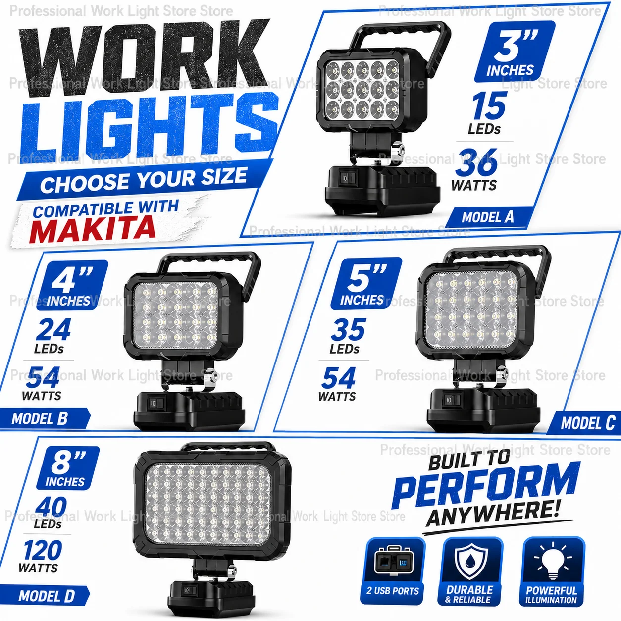 Work Light, 3,4,5,8 inches, for Makita batteries, 15 LEDs, LED flashlight, ideal for emergency lighting and camping
