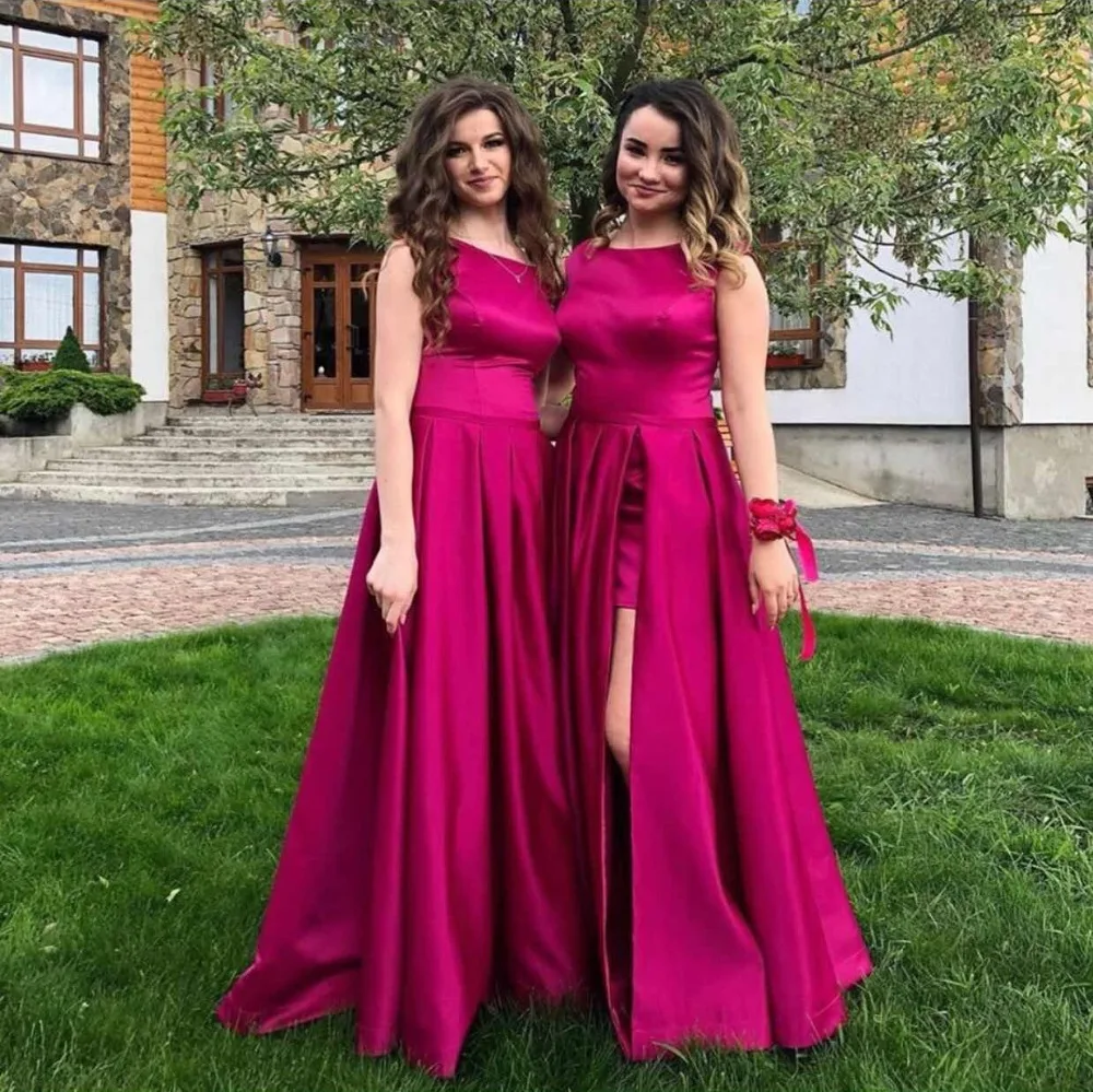 

Vestido Madrinha Fuchsia Bridemaid Dresses Long Slit Sleeveless Satin Prom Dress Maid Of Honor Wedding Party Dresses