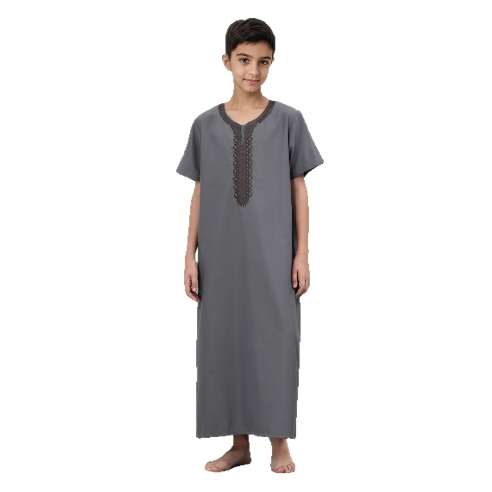 

Saudi Arabic Robe Kids Boy Jubba Thobe Short Sleeve Kaftan Dubai Abaya Embroidery Muslim Dress Daffah Dishdasha Islam Clothing