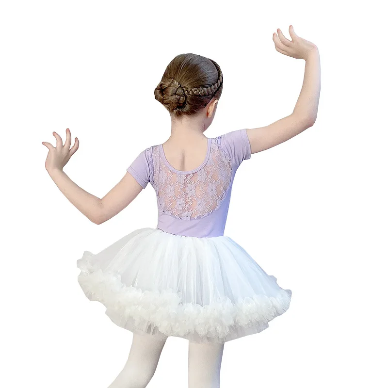 Vestido de balé manga curta longa infantil, roupas de dança, terno de prática feminino, saia rosa dancewear, traje de performance de palco