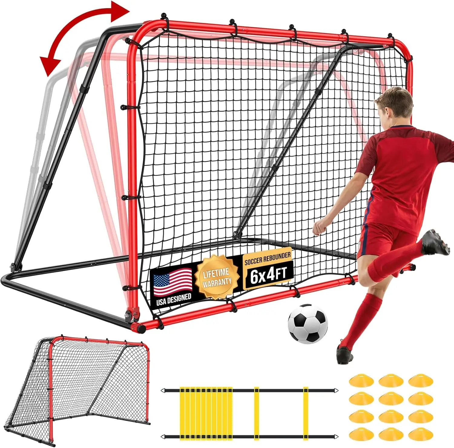 

6x4 FT Soccer Goal for Backyard, 2-in-1 Foldable Goal with Rebound Net, Heavy-Duty Metal Frame, Includes Agility Ladder & Cones, Training Equipment
