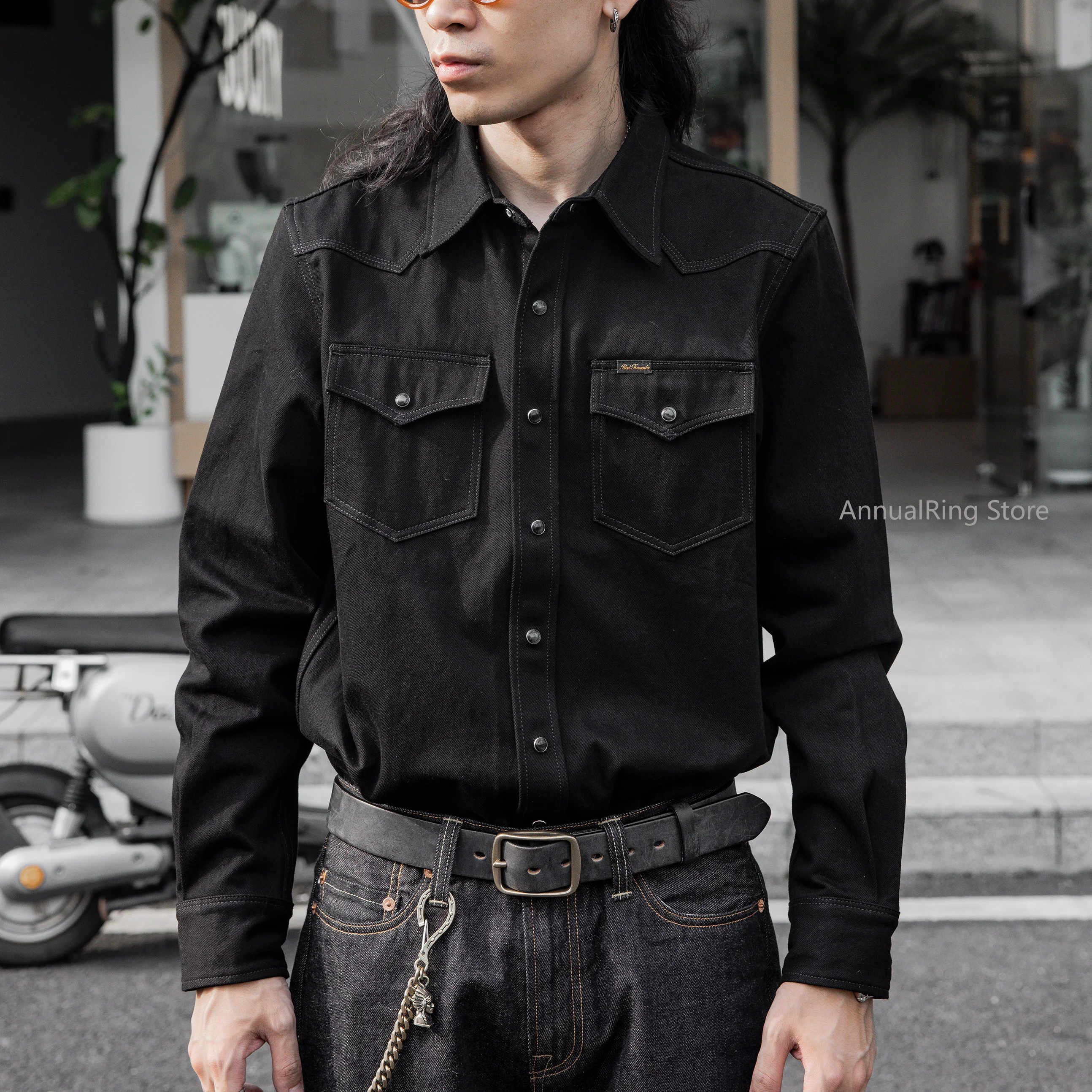 Red Tornado 14oz Denim Western Shirt in Black Rugged Americana Style Men's Long Sleeve Workshirt