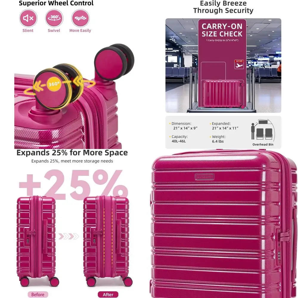 

20-дюймовая ручная кладь лаванды с замком TSA, расширяемый жесткий чемодан для воздушных путешествий