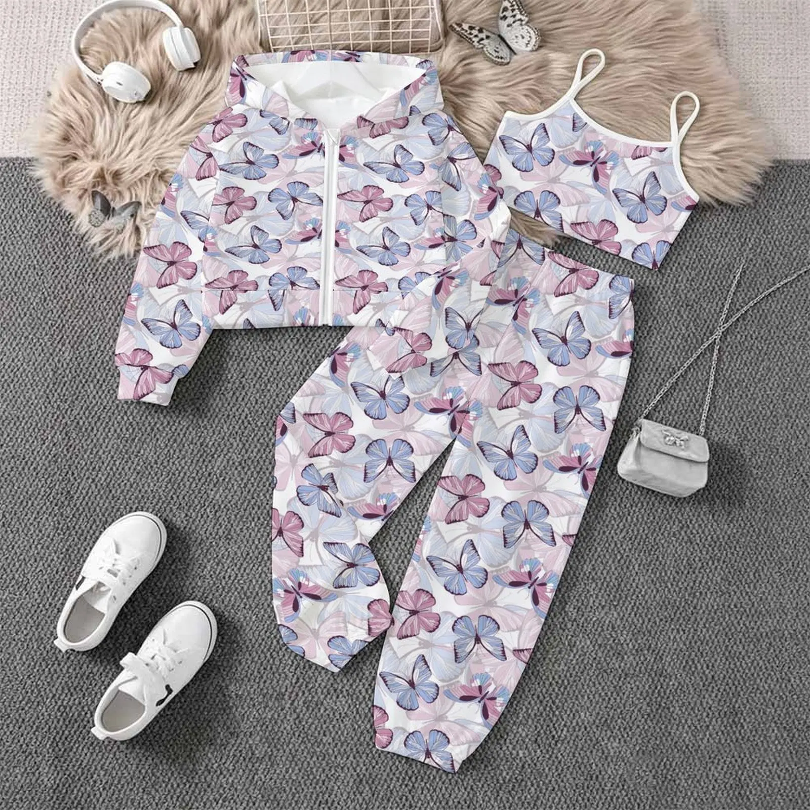 Zipper Hoodie Long Sleeve Coat Winter Jogging Pants Children's Printed Three-Piece Set Autumn Girls Yoga Pants Fashion Vest