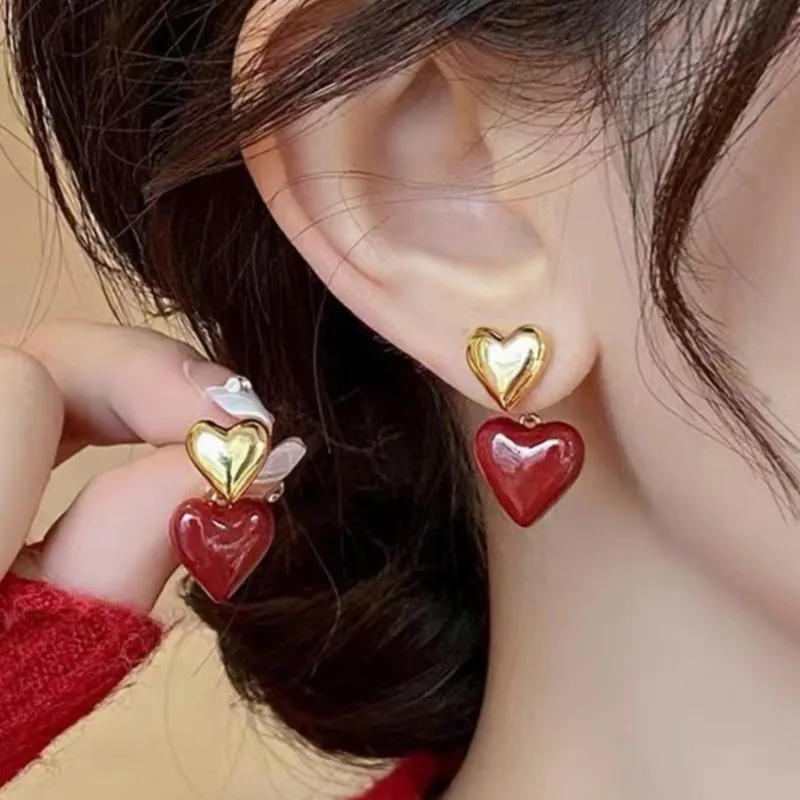 1 par na moda coração brincos para mulheres meninas elegante doce esmalte gotejamento óleo amor balançar brinco jóias presentes e1028